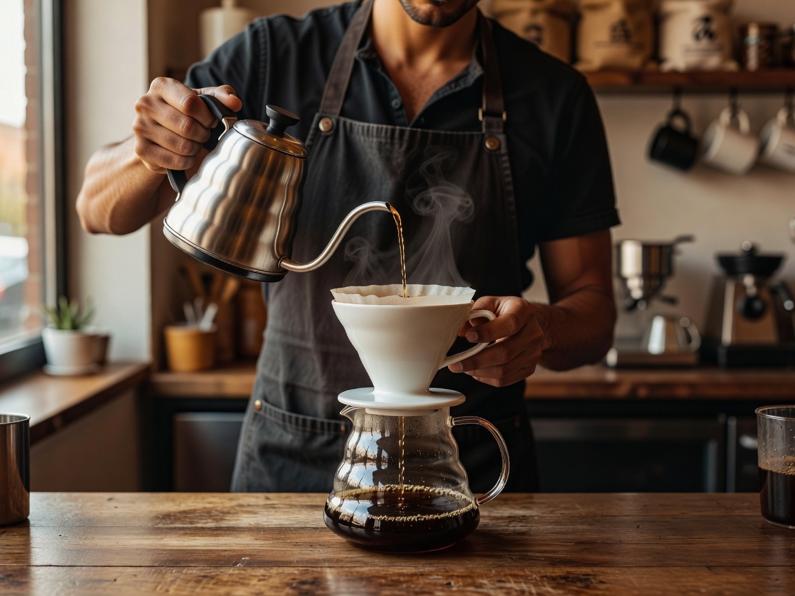 Barista pouring a pour-over filter coffee from a gooseneck kettle into a glass carafe