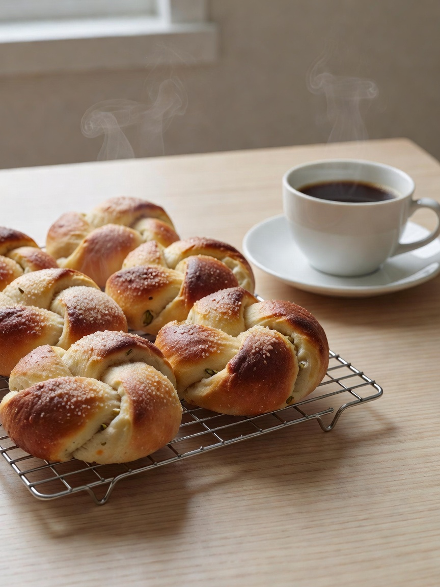Cardamom buns cooling on a wire rack beside a white ceramic coffee cup on a pale wooden table