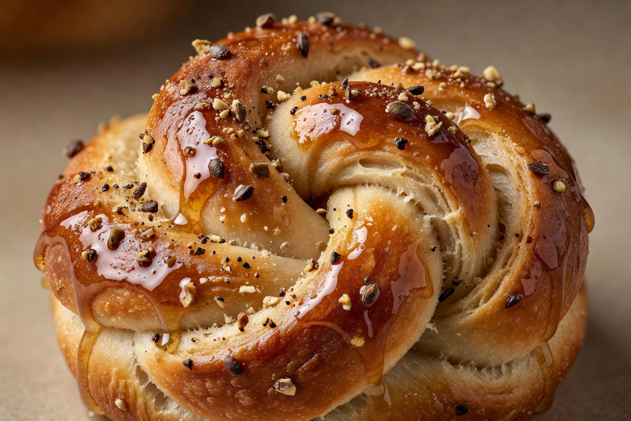 Close-up of a knotted Swedish cardamom bun glazed with syrup and sprinkled with crushed cardamom seeds