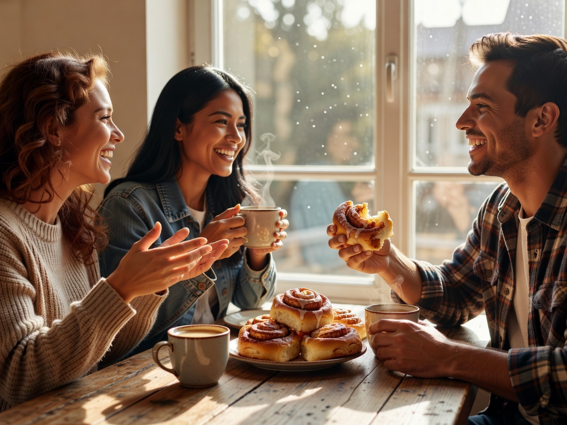Friends sharing coffee and cinnamon buns around a table beside a bright window