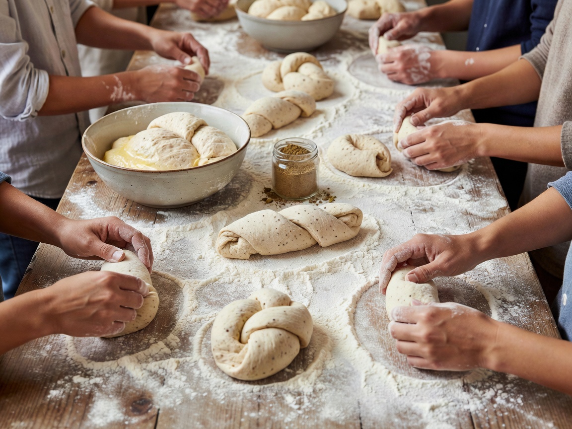 Hands shaping cardamom bun dough on a flour-dusted worktop during a baking class