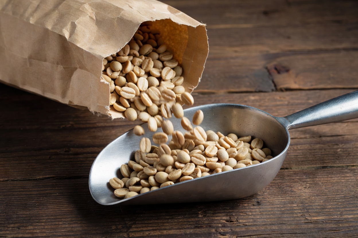 Light-roasted coffee beans spilling from a paper bag onto a steel scoop