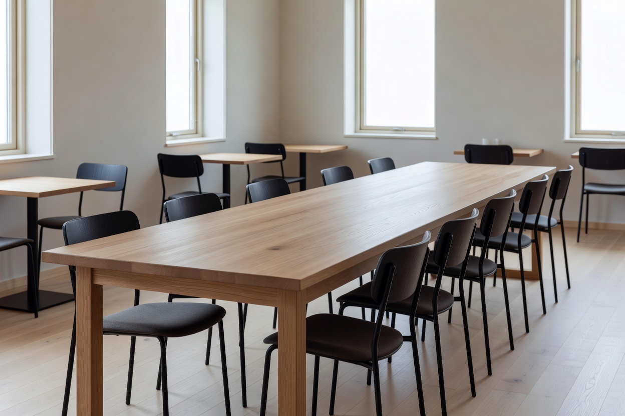 Long communal oak table with black chairs beneath tall windows in a Scandinavian café