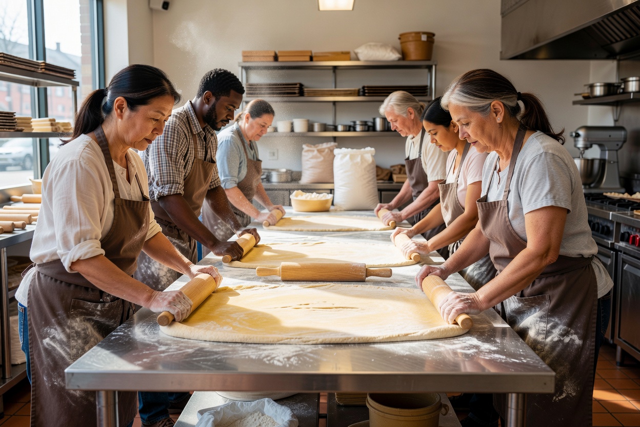 Participants rolling out enriched dough on a long steel bench in a bright café kitchen