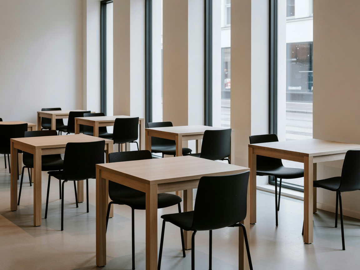 Scandinavian café interior with pale oak tables, black chairs and tall windows