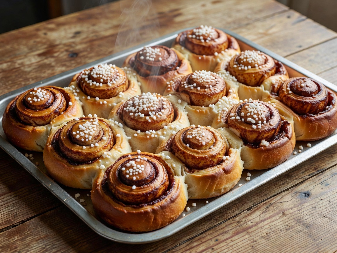 Tray of freshly baked Swedish cinnamon buns topped with pearl sugar