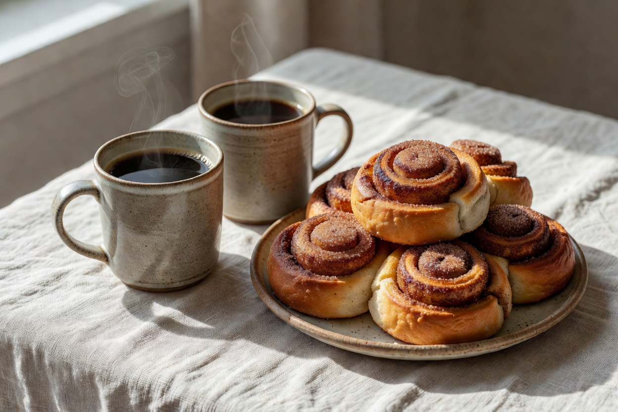 Two cups of black coffee and a plate of cinnamon buns on a linen tablecloth